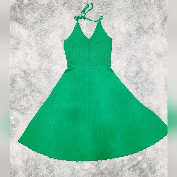 Green Knit Halter Flare Dress - Picture 2 of 6